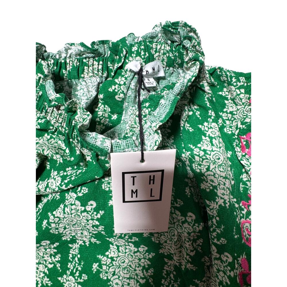 NWT THML Blouse Womens S Green Pink Embroidered Floral Puff Sleeve Button Back - Picture 13 of 16